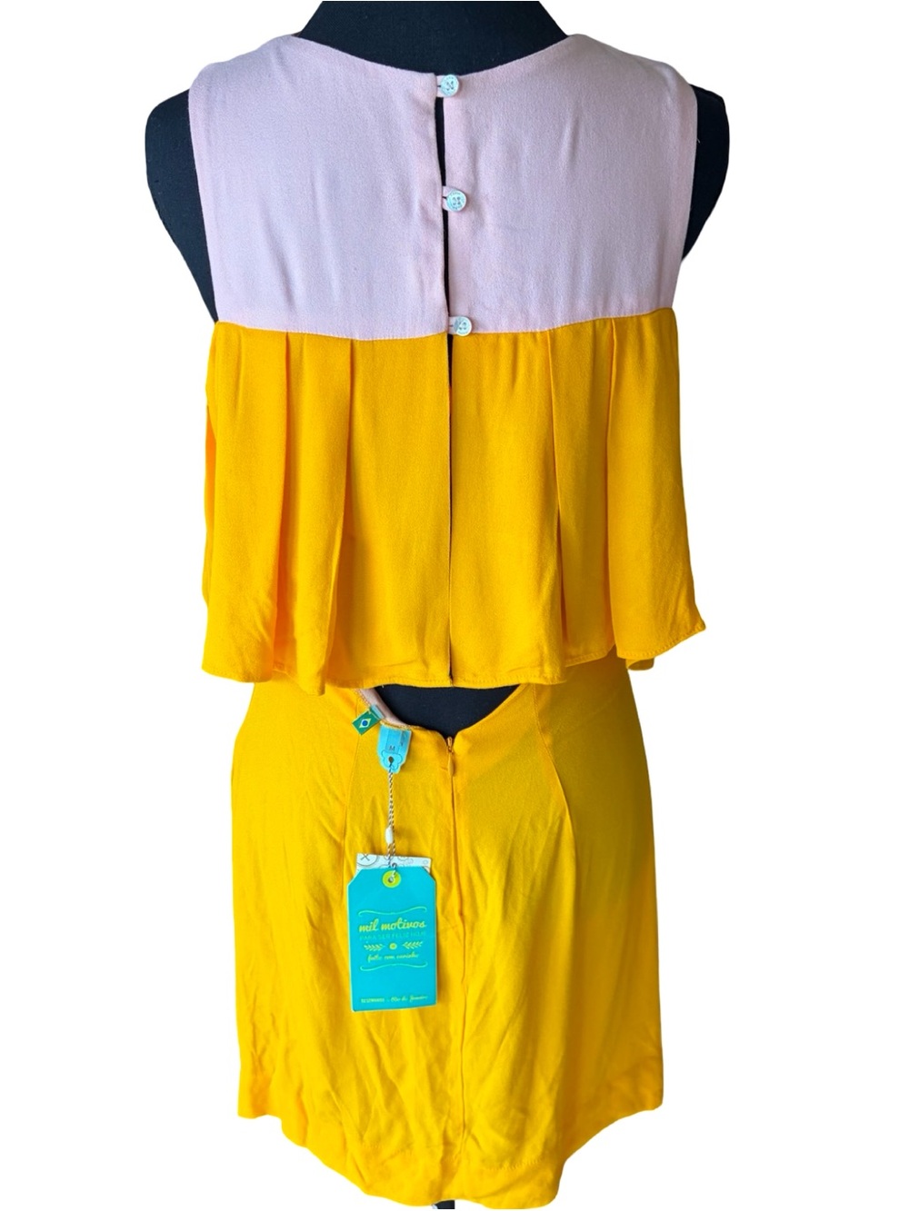 FARM Rio Brazil NWT Colorblock Ruffle Cutout Mini Dress M Yellow Pink - Picture 4 of 6